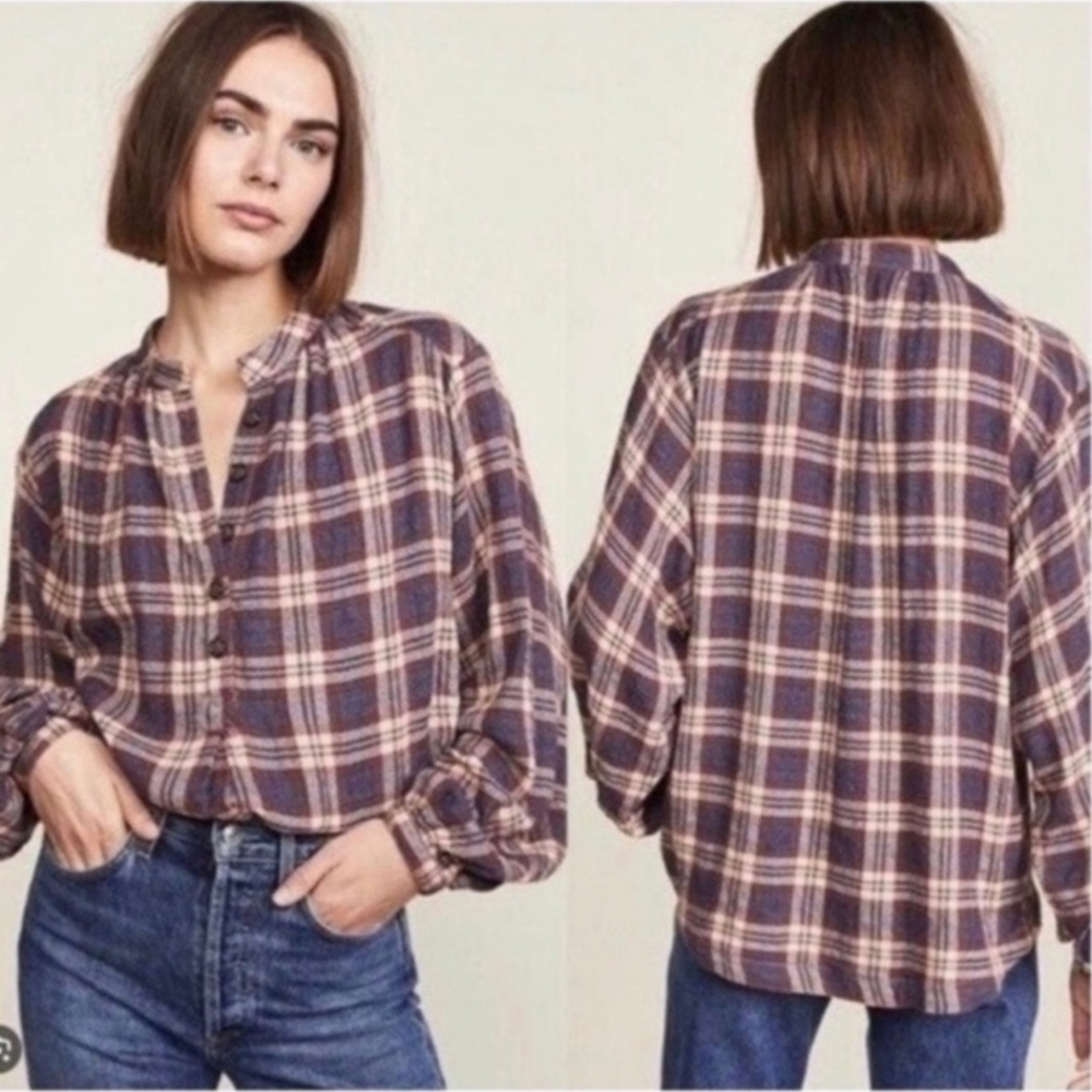 Free People Northern Bound Plaid Button Up Flannel Pullover Top Womens Small